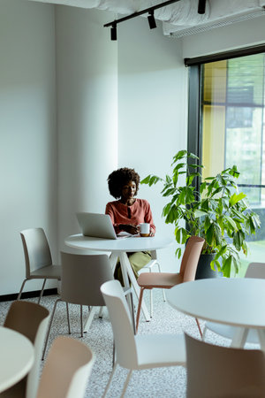 African American woman sits in a chic cafe, sipping a drink with a laptop open in front of her, basking in soft daylightの写真素材