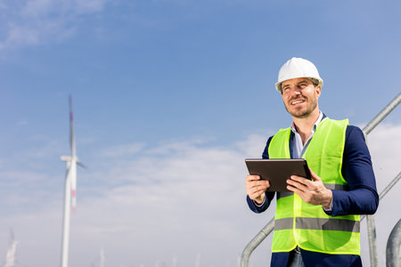 A cheerful engineer in safety gear reviews data on a tablet before towering windmills under a clear sky.の写真素材