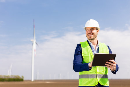 A cheerful engineer in safety gear reviews data on a tablet before towering windmills under a clear sky.の写真素材
