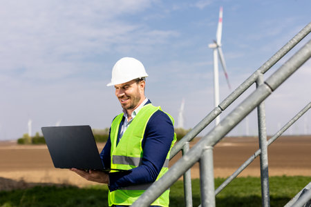 A focused engineer examines his laptop with a wind turbine in the background under a clear sky.の写真素材