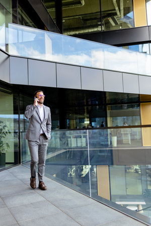Suited man stands proudly before a sleek building, reflecting ambition.の写真素材