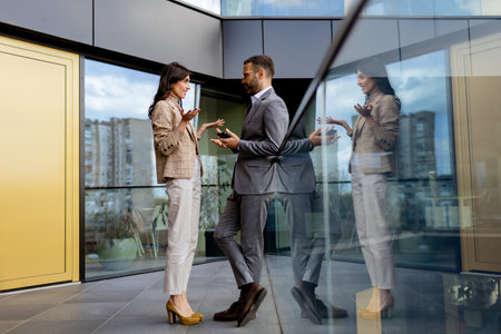 Two business professionals shake hands outside a contemporary building, their interaction mirrored in the glass.の写真素材