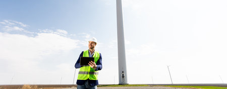 A safety-helmeted engineer with clipboard scrutinizes the workings of a majestic wind turbine amidst lush greenery under a clear sky.の写真素材