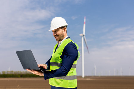 A focused engineer examines his laptop with a wind turbine in the background under a clear sky.の写真素材