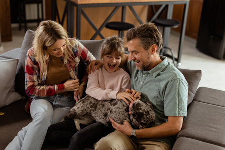 Joyful parents watch their daughter play with a happy french bulldog at homeの写真素材