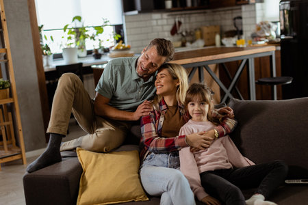 Joyful family shares a relaxed, affectionate moment on the sofa, illuminated by soft natural lightの写真素材