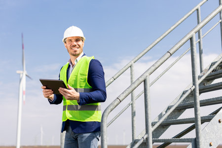 A cheerful engineer in safety gear reviews data on a tablet before towering windmills under a clear sky.の写真素材