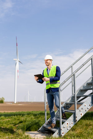 A cheerful engineer in safety gear reviews data on a tablet before towering windmills under a clear sky.の写真素材
