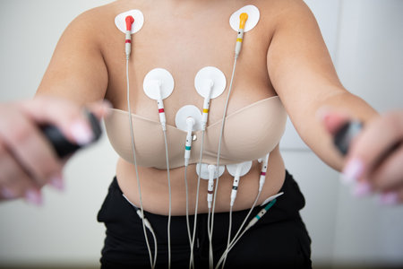 Obese female is being monitored by a healthcare professional during a treadmill stress test.