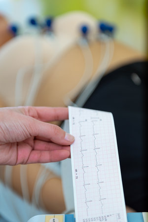A caregiver is attentively checking a patients vitals with an EKG readout in their hand.