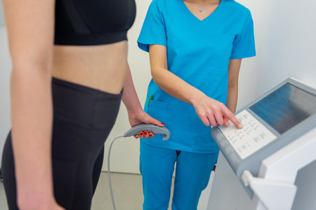 A health practitioner assists a woman with a body composition test using advanced equipment.の写真素材