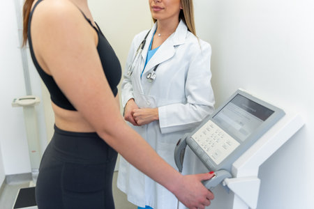 Female doctor measuring patientâs body composition with advanced medical equipmentの写真素材