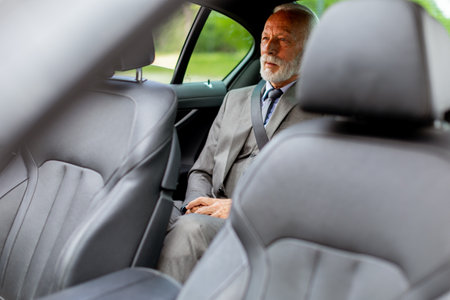 Well-dressed elderly man with a beard smiles contentedly while seated in the back of a modern...