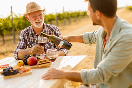 In a picturesque vineyard, two friends enjoy a sunny afternoon, pouring wine and savoring a delightful array of fruits and snacks, immersed in joyful conversationの写真素材