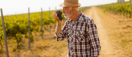 Joyful elderly man wearing a straw hat enjoys a bunch of plump grapes, showcasing the lush vineyard...