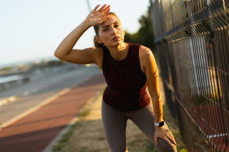 Woman pauses during her evening workout, wiping her brow as the sun sets, surrounded by a tranquil jogging path and a softly lit landscapeの写真素材
