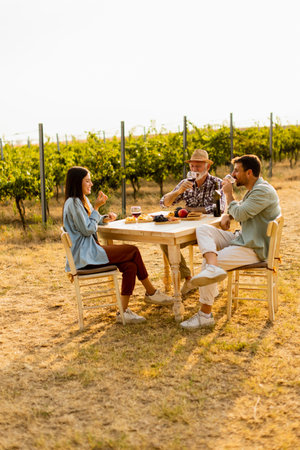 Three friends gather around a rustic table in a vineyard, enjoying wine, fresh fruits, and each other's company on a sunny day filled with joy and laughterの写真素材