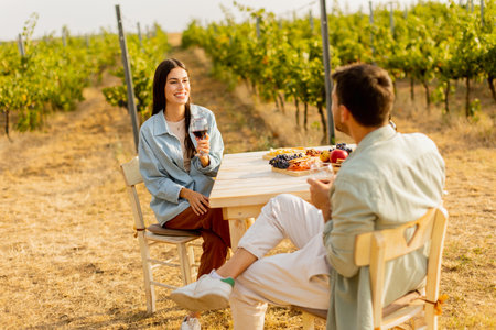 Couple relaxes at a rustic table in a sunlit vineyard, savoring wine and gourmet snacks. They share laughter and joy, surrounded by lush vines and the warmth of the eveningの写真素材