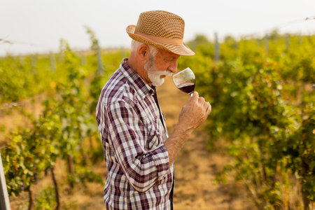 In the golden glow of sunset, an elderly man in a straw hat enjoys a glass of red wine, immersed in the tranquil beauty of his sprawling vineyard, reflecting on the harvestの写真素材