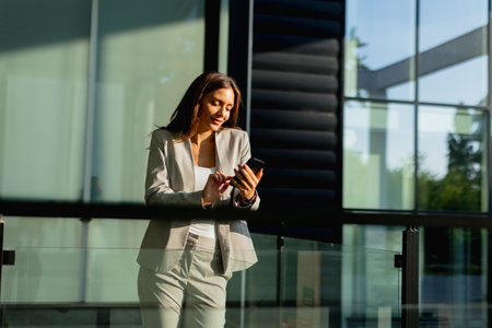 In a bright, contemporary office, a businesswoman engages with her smartphone, showcasing a blend of professionalism and warmth as sunlight filters through the glassの写真素材