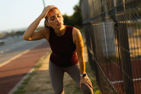 Woman pauses during her evening workout, wiping her brow as the sun sets, surrounded by a tranquil jogging path and a softly lit landscapeの写真素材