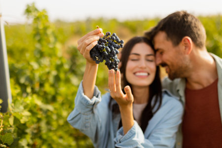 Under the warm afternoon sun, a couple strolls through a vineyard, joyfully sharing a moment as they admire a bunch of freshly picked grapes together in a peaceful landscapeの写真素材