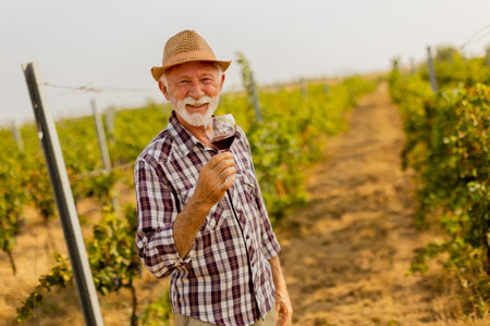 The caretaker holds a glass of deep red wine, smiling as he stands among rows of grapevines, illuminated by the soft glow of the setting sunの写真素材