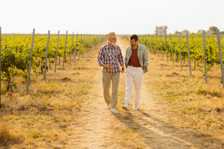Walking along a dusty path in a sunny vineyard, two men engage in lighthearted conversation, their camaraderie evident against the backdrop of sprawling grapevinesの写真素材