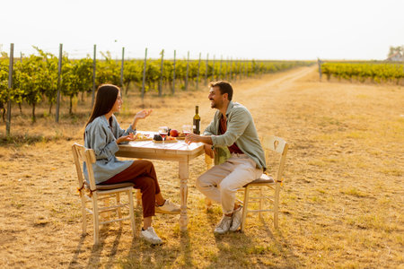 Couple relaxes at a rustic table in a sunlit vineyard, savoring wine and gourmet snacks. They share laughter and joy, surrounded by lush vines and the warmth of the eveningの写真素材