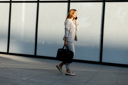 Professional woman strolls confidently along a sleek glass structure, her expression joyful as she chats on the phone, dressed in a stylish gray business suitの写真素材