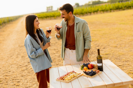 Couple relaxes at a rustic table in a sunlit vineyard, savoring wine and gourmet snacks. They share laughter and joy, surrounded by lush vines and the warmth of the eveningの写真素材