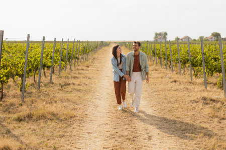 As they walk together, the couple enjoys the tranquility of the vineyards, surrounded by rows of green vines under a clear sky on a warm afternoonの写真素材