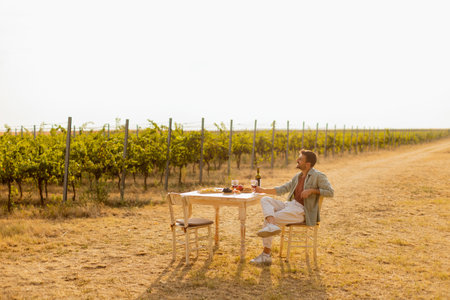 Man enjoys a peaceful moment at a rustic table set amid lush vineyard rows, savoring wine and fresh fruits while soaking in the golden afternoon lightの写真素材