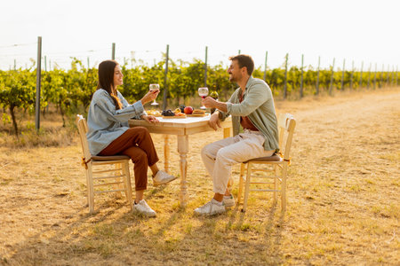Couple relaxes at a rustic table in a sunlit vineyard, savoring wine and gourmet snacks. They share laughter and joy, surrounded by lush vines and the warmth of the eveningの写真素材