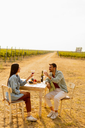 Couple relaxes at a rustic table in a sunlit vineyard, savoring wine and gourmet snacks. They share laughter and joy, surrounded by lush vines and the warmth of the eveningの写真素材