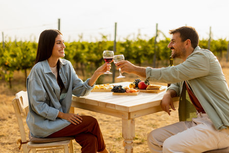 Couple relaxes at a rustic table in a sunlit vineyard, savoring wine and gourmet snacks. They share laughter and joy, surrounded by lush vines and the warmth of the eveningの写真素材