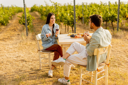 Couple relaxes at a rustic table in a sunlit vineyard, savoring wine and gourmet snacks. They share laughter and joy, surrounded by lush vines and the warmth of the eveningの写真素材