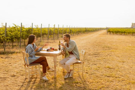 Couple relaxes at a rustic table in a sunlit vineyard, savoring wine and gourmet snacks. They share laughter and joy, surrounded by lush vines and the warmth of the eveningの写真素材