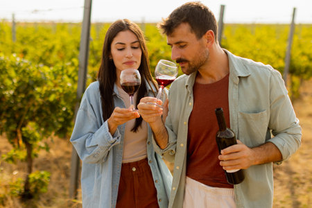 Under the warm glow of the setting sun, a couple shares laughter while sipping wine in a picturesque vineyard, creating cherished memories amid rows of grapevinesの写真素材