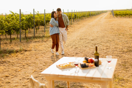 Basking in the warm sunlight, a joyful couple embraces as they revel in a delightful picnic among the grapevines, savoring wine and gourmet treatsの写真素材