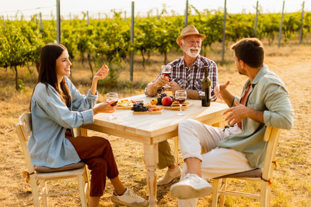 Three friends gather around a rustic table in a vineyard, enjoying wine, fresh fruits, and each other's company on a sunny day filled with joy and laughterの写真素材