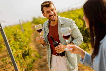 Under the warm glow of the setting sun, a couple shares laughter while sipping wine in a picturesque vineyard, creating cherished memories amid rows of grapevinesの写真素材