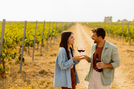 Under the warm glow of the setting sun, a couple shares laughter while sipping wine in a picturesque vineyard, creating cherished memories amid rows of grapevinesの写真素材