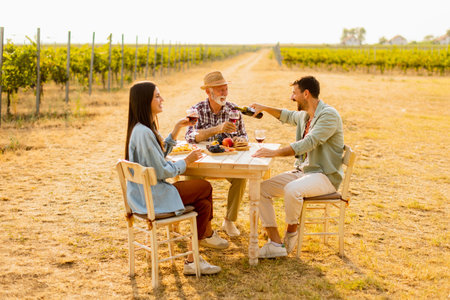 Three friends gather around a rustic table in a vineyard, enjoying wine, fresh fruits, and each other's company on a sunny day filled with joy and laughterの写真素材