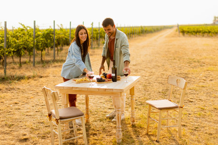 Basking in the warm sunlight, a joyful couple embraces as they revel in a delightful picnic among the grapevines, savoring wine and gourmet treatsの写真素材
