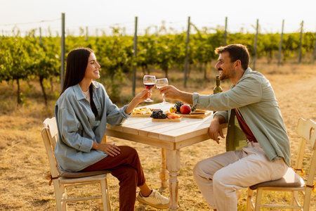 Couple relaxes at a rustic table in a sunlit vineyard, savoring wine and gourmet snacks. They share laughter and joy, surrounded by lush vines and the warmth of the eveningの写真素材