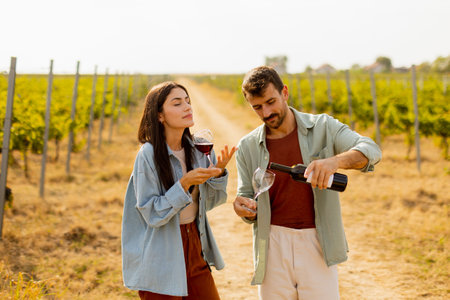 Under the warm glow of the setting sun, a couple shares laughter while sipping wine in a picturesque vineyard, creating cherished memories amid rows of grapevinesの写真素材