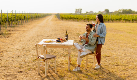 Couple relaxes at a rustic table in a sunlit vineyard, savoring wine and gourmet snacks. They share laughter and joy, surrounded by lush vines and the warmth of the eveningの写真素材