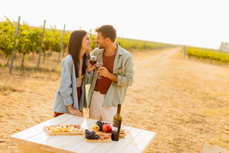 Couple relaxes at a rustic table in a sunlit vineyard, savoring wine and gourmet snacks. They share laughter and joy, surrounded by lush vines and the warmth of the eveningの写真素材