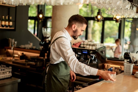 Bartender concentrates as he skillfully crafts a cocktail, surrounded by an array of glassware in a modern bar filled with natural light, creating an inviting atmosphereの写真素材